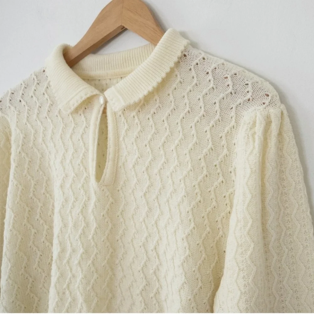 Vintage Inspured Retro Academia Office Cream Zig Zag Knit Wide Sleeve Sweater XL